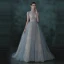 Illusion Sky Blue See-through Dancing Prom Dresses 2021 Ball Gown High Neck Short Sleeve Beading Floor-Length / Long Ruffle Backless Formal Dresses