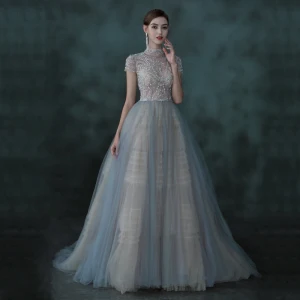 Espejismo Azul Cielo Transparentes Bailando Vestidos De Gala 2021 Ball Gown Cuello Alto Manga Corta Rebordear Largos Ruffle Sin Espalda Vestidos Formales