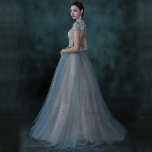 Illusion Sky Blue See-through Dancing Prom Dresses 2021 Ball Gown High Neck Short Sleeve Beading Floor-Length / Long Ruffle Backless Formal Dresses