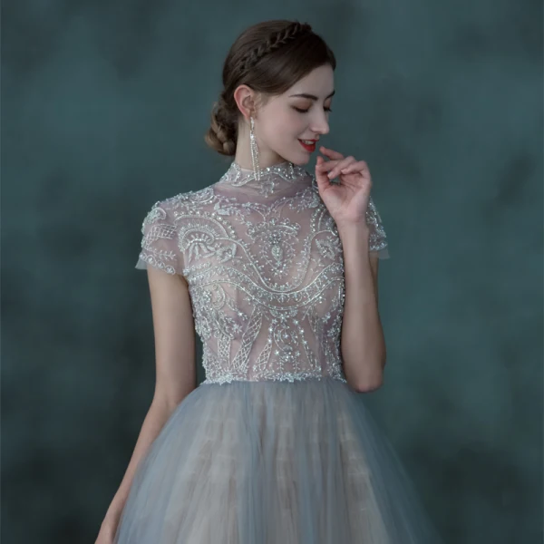 Illusion Sky Blue See-through Dancing Prom Dresses 2021 Ball Gown High Neck Short Sleeve Beading Floor-Length / Long Ruffle Backless Formal Dresses