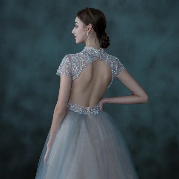 Illusion Sky Blue See-through Dancing Prom Dresses 2021 Ball Gown High Neck Short Sleeve Beading Floor-Length / Long Ruffle Backless Formal Dresses