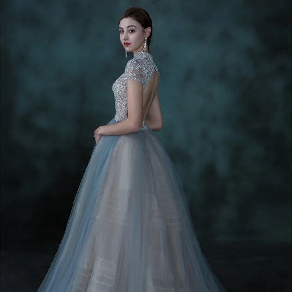 Illusion Sky Blue See-through Dancing Prom Dresses 2021 Ball Gown High Neck Short Sleeve Beading Floor-Length / Long Ruffle Backless Formal Dresses