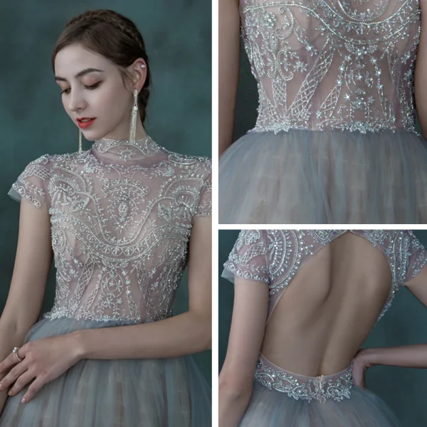 Illusion Sky Blue See-through Dancing Prom Dresses 2021 Ball Gown High Neck Short Sleeve Beading Floor-Length / Long Ruffle Backless Formal Dresses
