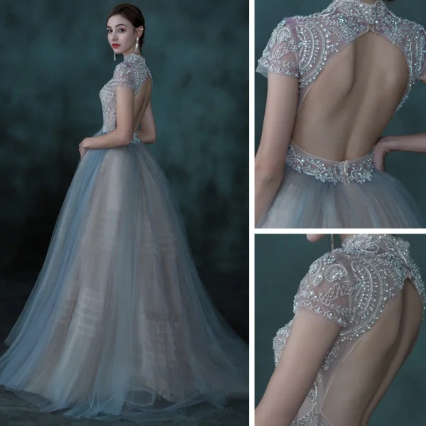 Illusion Sky Blue See-through Dancing Prom Dresses 2021 Ball Gown High Neck Short Sleeve Beading Floor-Length / Long Ruffle Backless Formal Dresses