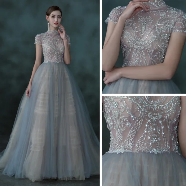 Illusion Sky Blue See-through Dancing Prom Dresses 2021 Ball Gown High Neck Short Sleeve Beading Floor-Length / Long Ruffle Backless Formal Dresses