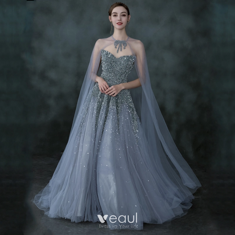 Glamorous V-neck Long Sleeve Blue Sequined Ball Gown Prom Dress - $153.992  #V78160 - SheProm.com