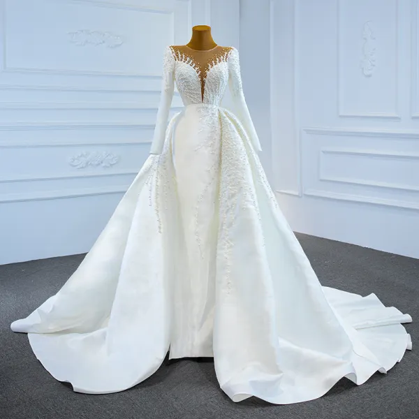 Luxury / Gorgeous White Satin Winter See-through Bridal Wedding Dresses 2021 Ball Gown Scoop Neck Long Sleeve Appliques Lace Beading Pearl Chapel Train