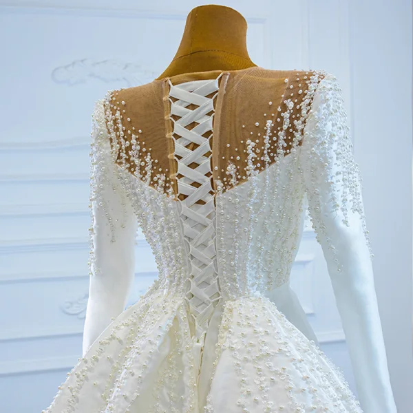Luxury / Gorgeous White Satin Winter See-through Bridal Wedding Dresses 2021 Ball Gown Scoop Neck Long Sleeve Appliques Lace Beading Pearl Chapel Train