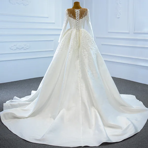 Luxury / Gorgeous White Satin Winter See-through Bridal Wedding Dresses 2021 Ball Gown Scoop Neck Long Sleeve Appliques Lace Beading Pearl Chapel Train