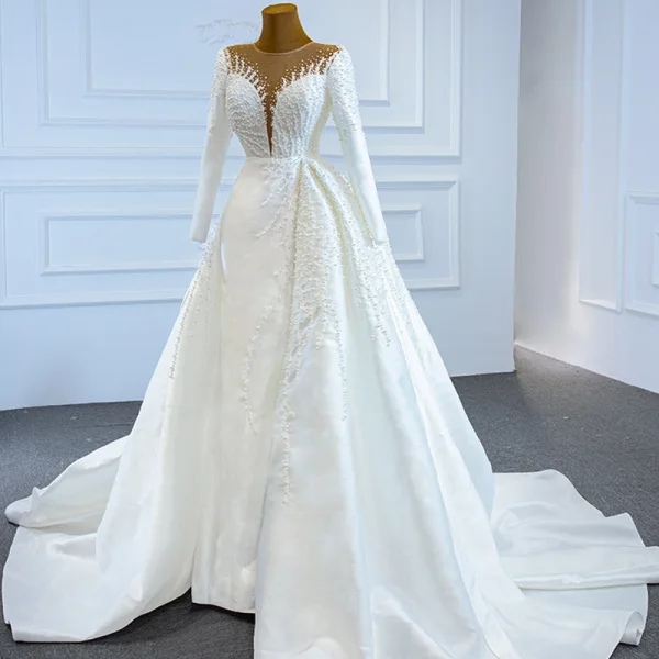 Luxury / Gorgeous White Satin Winter See-through Bridal Wedding Dresses 2021 Ball Gown Scoop Neck Long Sleeve Appliques Lace Beading Pearl Chapel Train