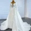 Luxury / Gorgeous White Satin Winter See-through Bridal Wedding Dresses 2021 Ball Gown Scoop Neck Long Sleeve Appliques Lace Beading Pearl Chapel Train