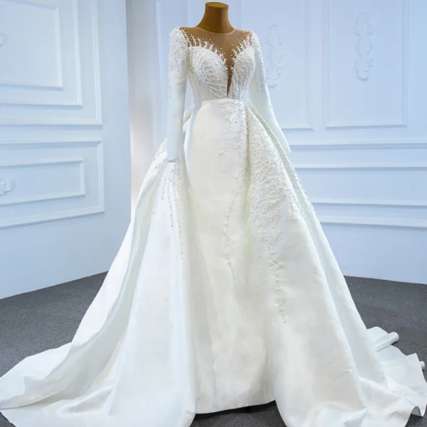 Luxury / Gorgeous White Satin Winter See-through Bridal Wedding Dresses 2021 Ball Gown Scoop Neck Long Sleeve Appliques Lace Beading Pearl Chapel Train