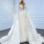 Luxury / Gorgeous White Satin Winter See-through Bridal Wedding Dresses 2021 Ball Gown Scoop Neck Long Sleeve Appliques Lace Beading Pearl Chapel Train