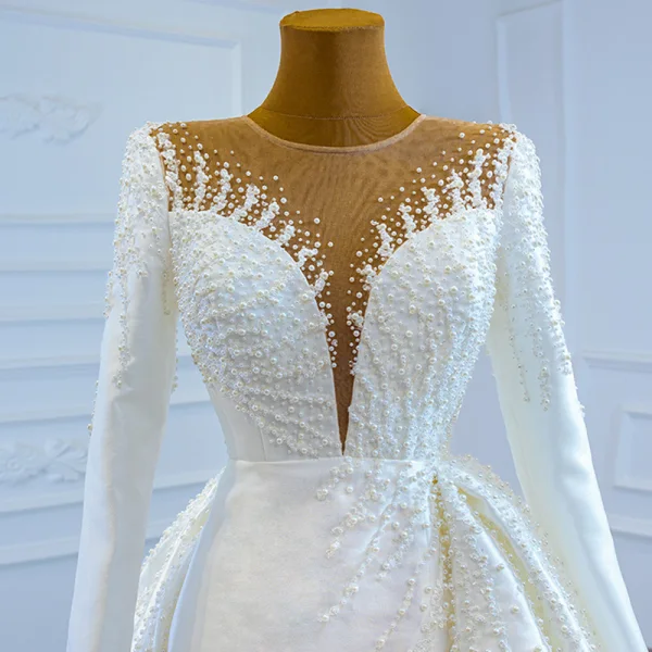 Luxury / Gorgeous White Satin Winter See-through Bridal Wedding Dresses 2021 Ball Gown Scoop Neck Long Sleeve Appliques Lace Beading Pearl Chapel Train