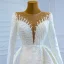 Luxury / Gorgeous White Satin Winter See-through Bridal Wedding Dresses 2021 Ball Gown Scoop Neck Long Sleeve Appliques Lace Beading Pearl Chapel Train