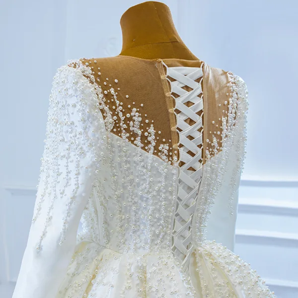 Luxury / Gorgeous White Satin Winter See-through Bridal Wedding Dresses 2021 Ball Gown Scoop Neck Long Sleeve Appliques Lace Beading Pearl Chapel Train