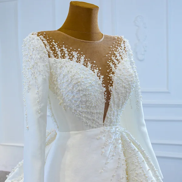 Luxury / Gorgeous White Satin Winter See-through Bridal Wedding Dresses 2021 Ball Gown Scoop Neck Long Sleeve Appliques Lace Beading Pearl Chapel Train