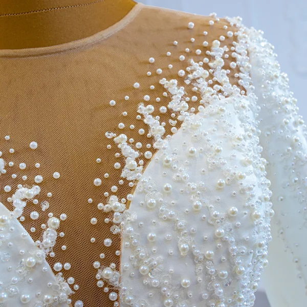 Luxury / Gorgeous White Satin Winter See-through Bridal Wedding Dresses 2021 Ball Gown Scoop Neck Long Sleeve Appliques Lace Beading Pearl Chapel Train