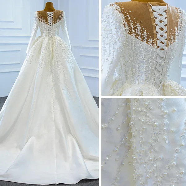 Luxury / Gorgeous White Satin Winter See-through Bridal Wedding Dresses 2021 Ball Gown Scoop Neck Long Sleeve Appliques Lace Beading Pearl Chapel Train