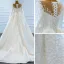 Luxury / Gorgeous White Satin Winter See-through Bridal Wedding Dresses 2021 Ball Gown Scoop Neck Long Sleeve Appliques Lace Beading Pearl Chapel Train