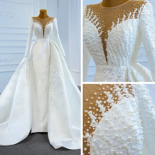 Luxury / Gorgeous White Satin Winter See-through Bridal Wedding Dresses 2021 Ball Gown Scoop Neck Long Sleeve Appliques Lace Beading Pearl Chapel Train
