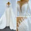 Luxury / Gorgeous White Satin Winter See-through Bridal Wedding Dresses 2021 Ball Gown Scoop Neck Long Sleeve Appliques Lace Beading Pearl Chapel Train