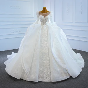 Luxury Gorgeous White Puffy Bridal Wedding Dresses 2021 Ball Gown See Through Scoop Neck Long Sleeve Backless Appliques Lace Beading Chapel Train Ruffle