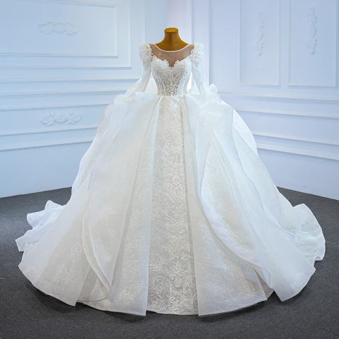 Luxus / Herrlich Weiß Geschwollenes Hochzeits Brautkleider / Hochzeitskleider 2021 Ballkleid Durchsichtige Rundhalsausschnitt Lange Ärmel Rückenfreies Applikationen Spitze Perlenstickerei Kapelle-Schleppe Rüschen