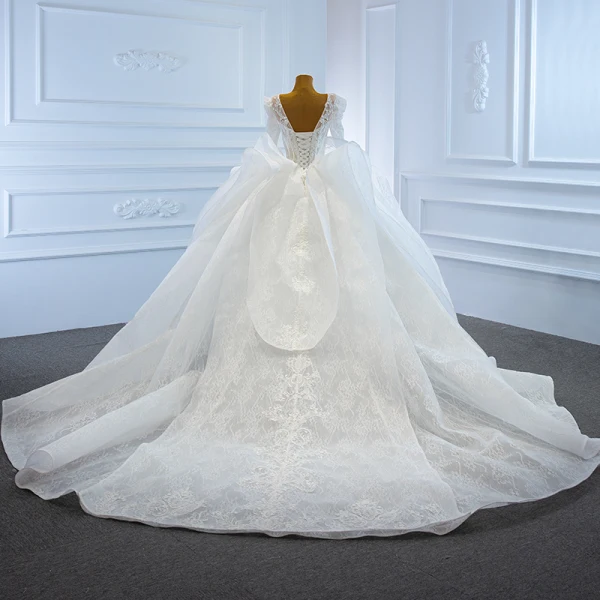 Luxury / Gorgeous White Puffy Bridal Wedding Dresses 2021 Ball Gown See-through Scoop Neck Long Sleeve Backless Appliques Lace Beading Chapel Train Ruffle
