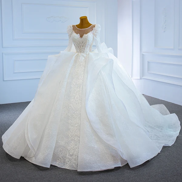 Luxury / Gorgeous White Puffy Bridal Wedding Dresses 2021 Ball Gown See-through Scoop Neck Long Sleeve Backless Appliques Lace Beading Chapel Train Ruffle