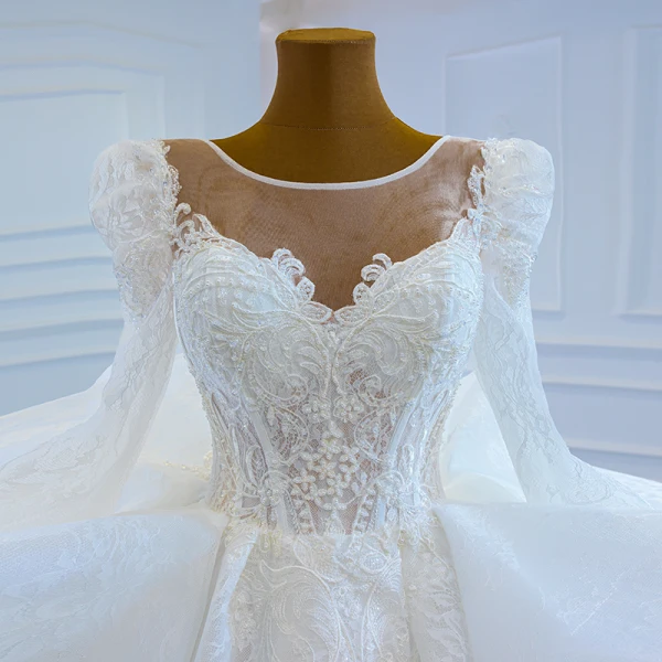 Luxury / Gorgeous White Puffy Bridal Wedding Dresses 2021 Ball Gown See-through Scoop Neck Long Sleeve Backless Appliques Lace Beading Chapel Train Ruffle