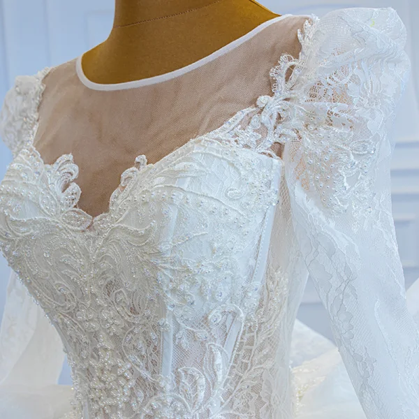Luxury / Gorgeous White Puffy Bridal Wedding Dresses 2021 Ball Gown See-through Scoop Neck Long Sleeve Backless Appliques Lace Beading Chapel Train Ruffle