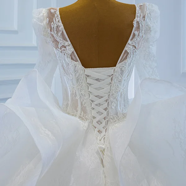 Luxury / Gorgeous White Puffy Bridal Wedding Dresses 2021 Ball Gown See-through Scoop Neck Long Sleeve Backless Appliques Lace Beading Chapel Train Ruffle