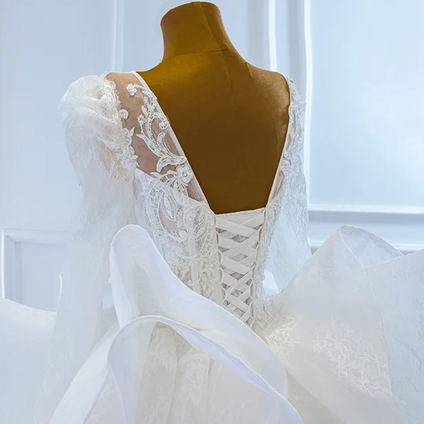 Luxury / Gorgeous White Puffy Bridal Wedding Dresses 2021 Ball Gown See-through Scoop Neck Long Sleeve Backless Appliques Lace Beading Chapel Train Ruffle
