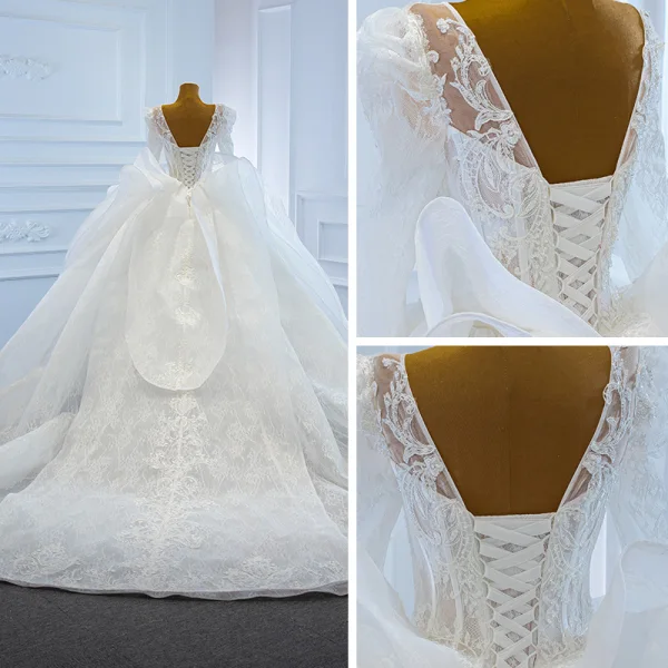 Luxury / Gorgeous White Puffy Bridal Wedding Dresses 2021 Ball Gown See-through Scoop Neck Long Sleeve Backless Appliques Lace Beading Chapel Train Ruffle