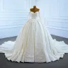 Luxury / Gorgeous White Bridal Wedding Dresses 2021 Ball Gown Off-The-Shoulder Long Sleeve Backless Appliques Lace Handmade  Beading Pearl Chapel Train Ruffle