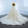 Luxury / Gorgeous White Bridal Wedding Dresses 2021 Ball Gown Off-The-Shoulder Long Sleeve Backless Appliques Lace Handmade  Beading Pearl Chapel Train Ruffle