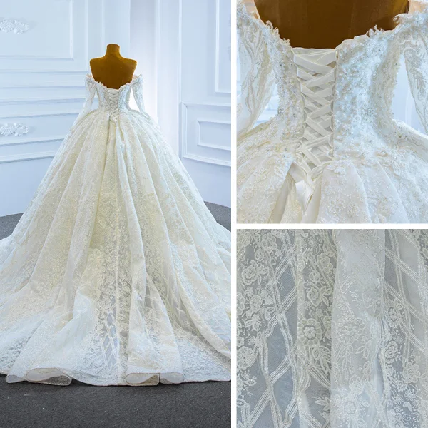 Luxury / Gorgeous White Bridal Wedding Dresses 2021 Ball Gown Off-The-Shoulder Long Sleeve Backless Appliques Lace Handmade  Beading Pearl Chapel Train Ruffle