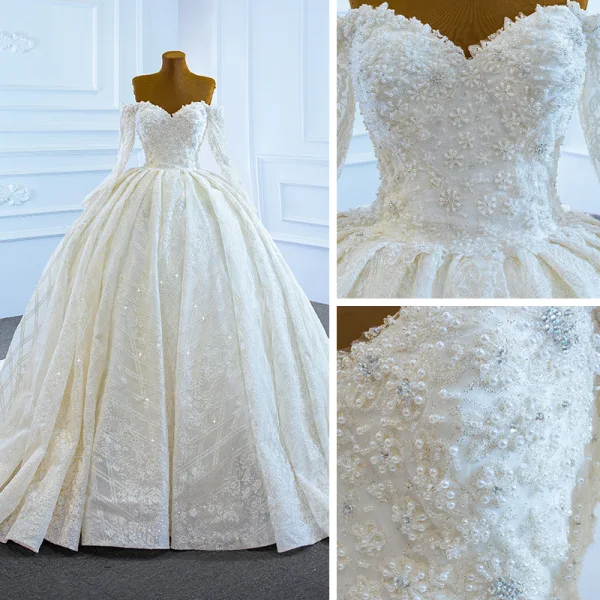 Luxury / Gorgeous White Bridal Wedding Dresses 2021 Ball Gown Off-The-Shoulder Long Sleeve Backless Appliques Lace Handmade  Beading Pearl Chapel Train Ruffle