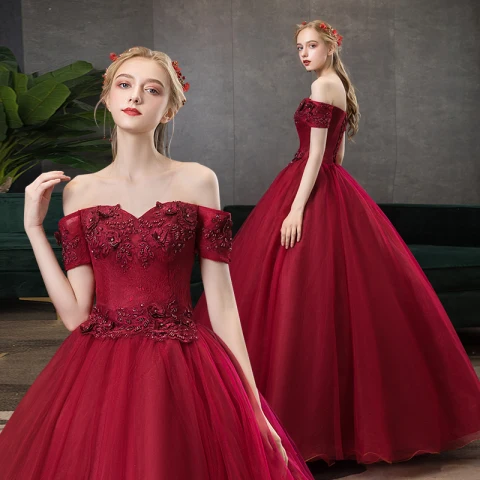 Schöne Burgunderrot Tanzen Ballkleider 2021 Ballkleid Off Shoulder Kurze Ärmel Applikationen Spitze Strass Perlenstickerei Lange Rüschen Rückenfreies Festliche Kleider