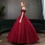 Chic / Beautiful Burgundy Dancing Prom Dresses 2021 Ball Gown Off-The-Shoulder Short Sleeve Appliques Lace Rhinestone Beading Floor-Length / Long Ruffle Backless Formal Dresses