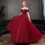 Chic / Beautiful Burgundy Dancing Prom Dresses 2021 Ball Gown Off-The-Shoulder Short Sleeve Appliques Lace Rhinestone Beading Floor-Length / Long Ruffle Backless Formal Dresses
