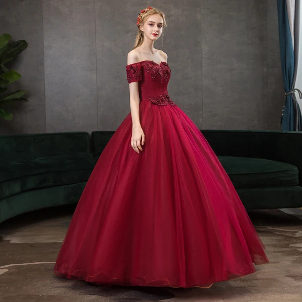 Chic / Beautiful Burgundy Dancing Prom Dresses 2021 Ball Gown Off-The-Shoulder Short Sleeve Appliques Lace Rhinestone Beading Floor-Length / Long Ruffle Backless Formal Dresses