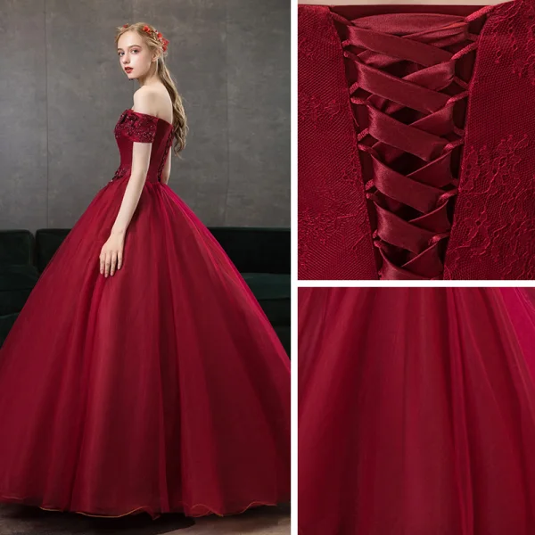 Chic / Beautiful Burgundy Dancing Prom Dresses 2021 Ball Gown Off-The-Shoulder Short Sleeve Appliques Lace Rhinestone Beading Floor-Length / Long Ruffle Backless Formal Dresses