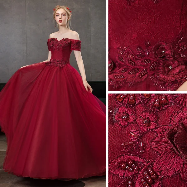Chic / Beautiful Burgundy Dancing Prom Dresses 2021 Ball Gown Off-The-Shoulder Short Sleeve Appliques Lace Rhinestone Beading Floor-Length / Long Ruffle Backless Formal Dresses