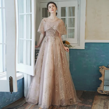 Bling Bling Champagne See Through Prom Dresses 2021 A Line Princess Square Neckline Sleeveless Beading Glitter Appliques Sweep Train Ruffle Backless Formal Dresses