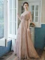Bling Bling Champagne Transparentes Robe De Bal 2021 Princesse Encolure Carrée Sans Manches Perlage Glitter Appliques Train De Balayage Volants Dos Nu Robe De Ceremonie