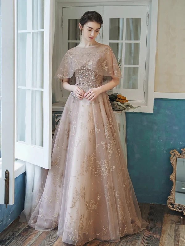 Bling Bling Champagne Transparentes Robe De Bal 2021 Princesse Encolure Carrée Sans Manches Perlage Glitter Appliques Train De Balayage Volants Dos Nu Robe De Ceremonie