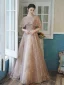 Bling Bling Champagne Transparentes Robe De Bal 2021 Princesse Encolure Carrée Sans Manches Perlage Glitter Appliques Train De Balayage Volants Dos Nu Robe De Ceremonie
