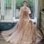 Bling Bling Champagne Transparentes Robe De Bal 2021 Princesse Encolure Carrée Sans Manches Perlage Glitter Appliques Train De Balayage Volants Dos Nu Robe De Ceremonie